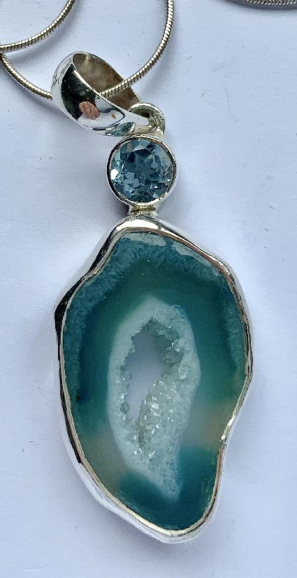 sterling silver agate and quartz geode and blue topaz necklace